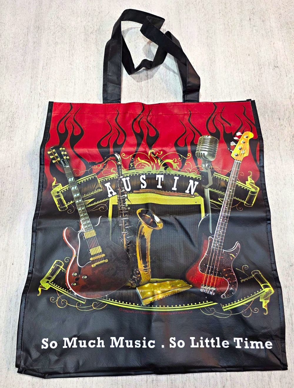 Austin Texas Music Reusable Tote Bag Guitar Sax Microphone Rock Shopping Bag